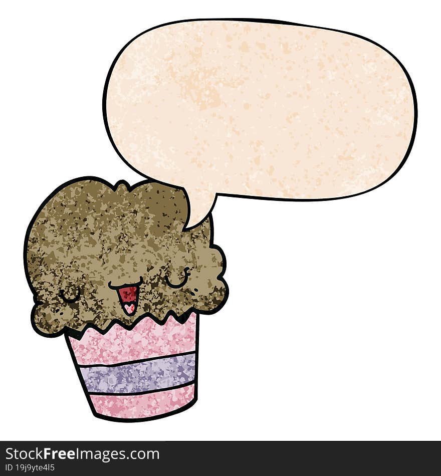 cartoon cupcake and face and speech bubble in retro texture style