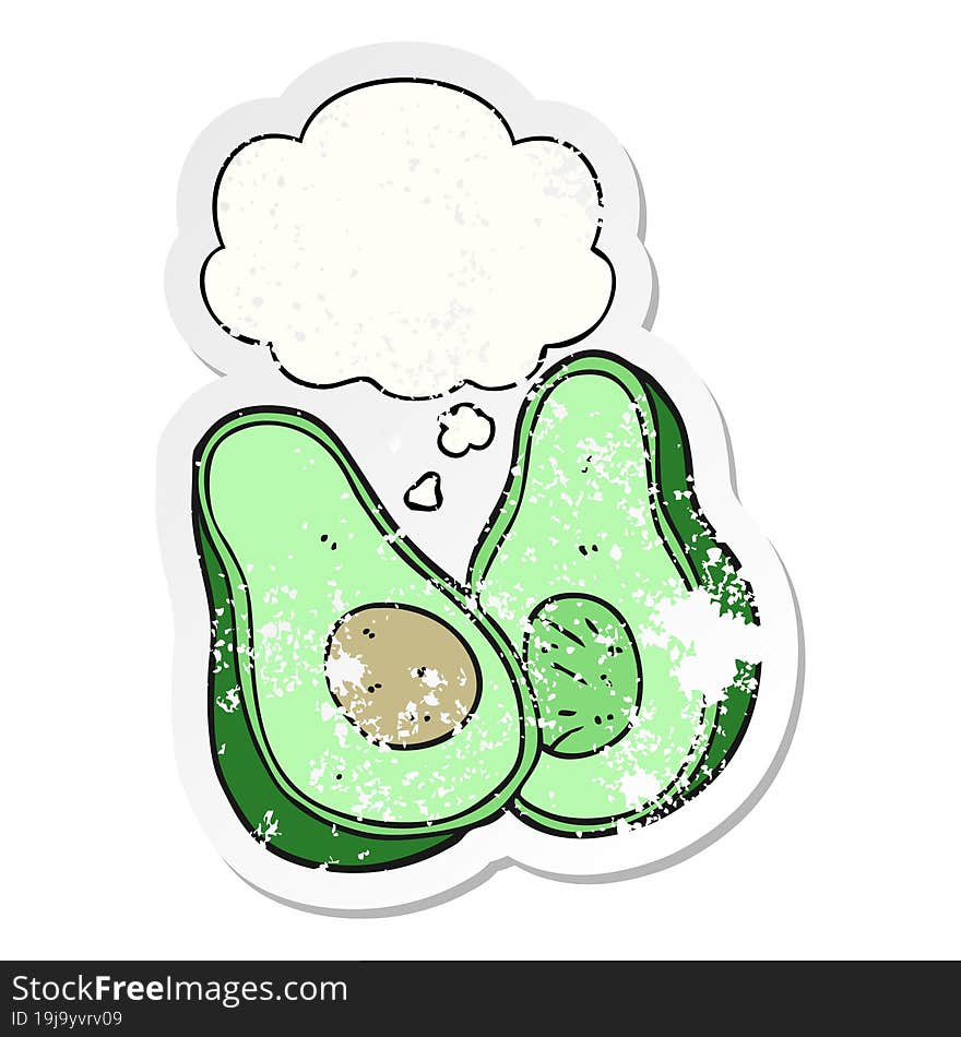 cartoon avocado and thought bubble as a distressed worn sticker