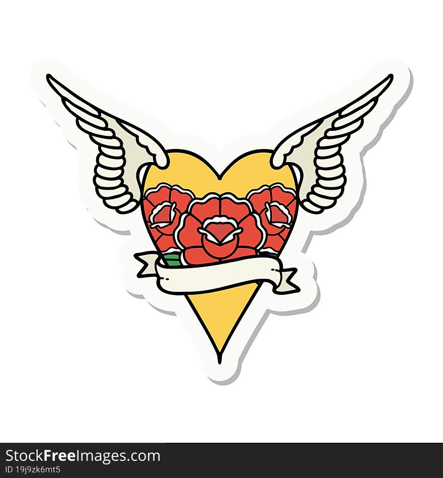 sticker of tattoo in traditional style of a flying heart with flowers and banner. sticker of tattoo in traditional style of a flying heart with flowers and banner