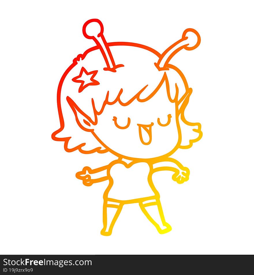 Warm Gradient Line Drawing Happy Alien Girl Cartoon