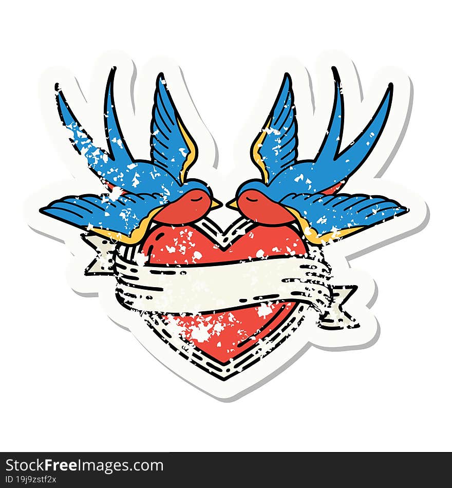 distressed sticker tattoo in traditional style of swallows and a heart with banner. distressed sticker tattoo in traditional style of swallows and a heart with banner