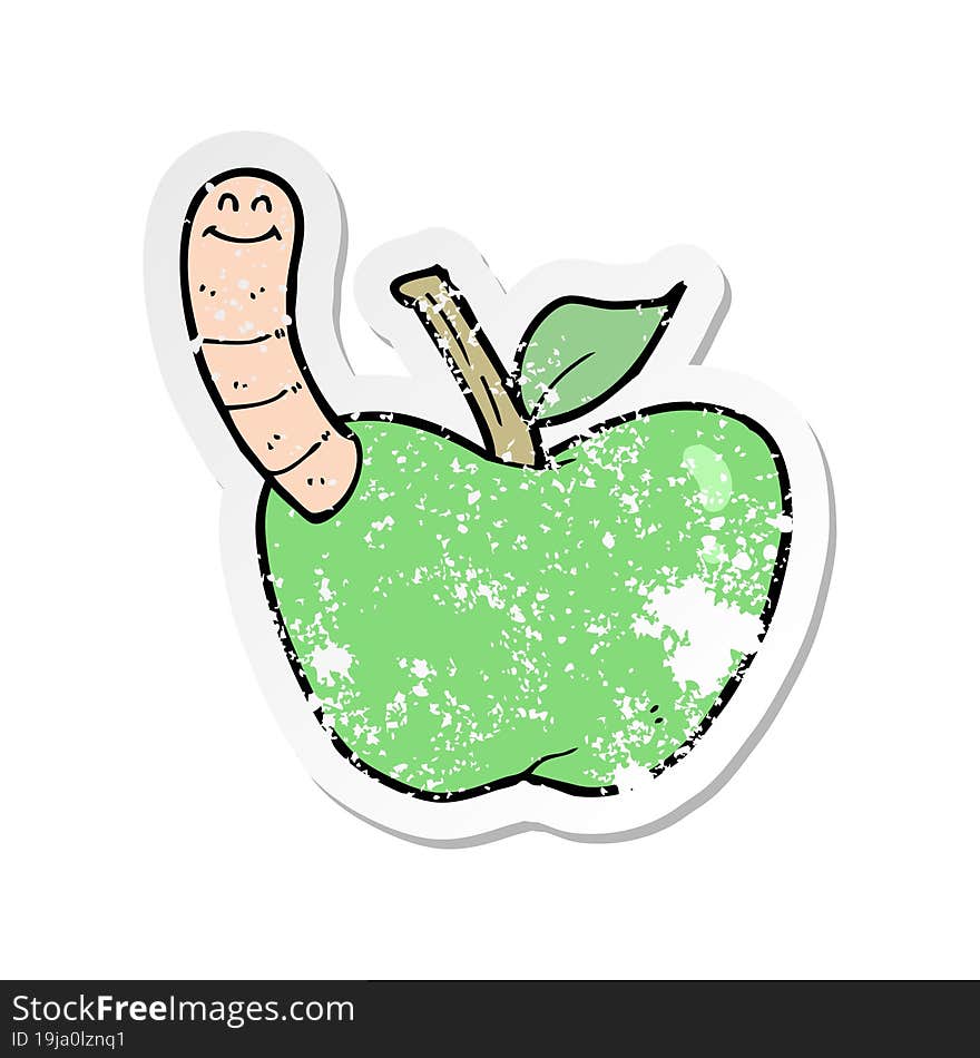 Retro Distressed Sticker Of A Cartoon Apple With Worm