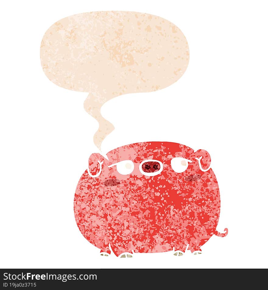 Cute Cartoon Pig And Speech Bubble In Retro Textured Style