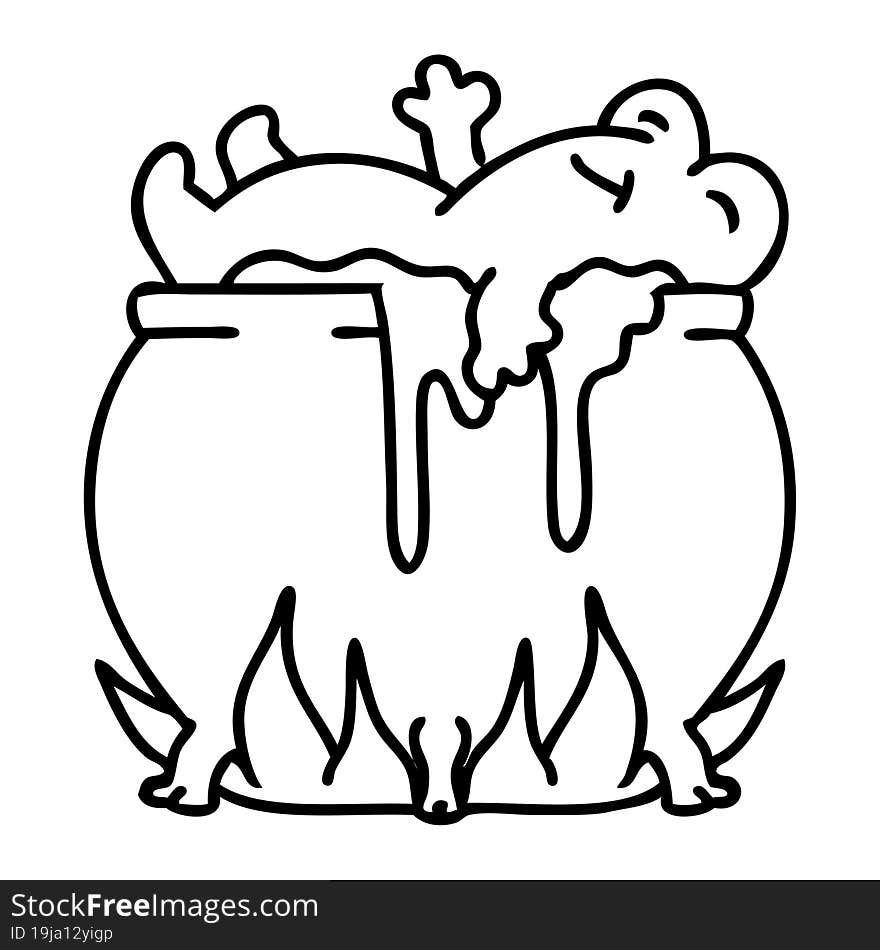 line doodle of a frog bathing in a cauldron. line doodle of a frog bathing in a cauldron