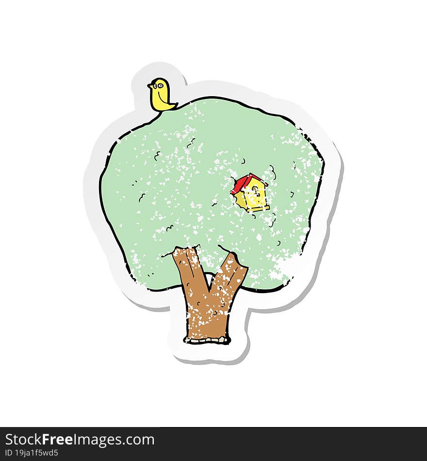 retro distressed sticker of a cartoon tree with birdhouse