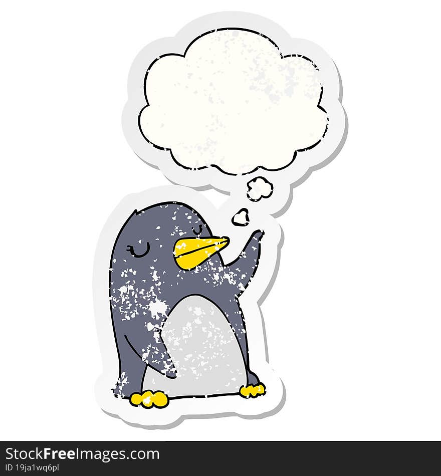 Cartoon Penguin And Thought Bubble As A Distressed Worn Sticker