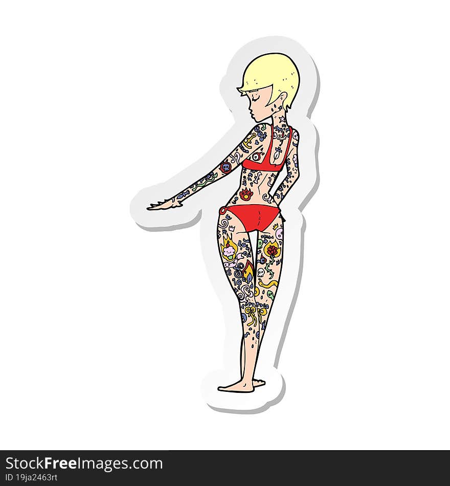 Sticker Of A Cartoon Bikini Girl Covered In Tattoos