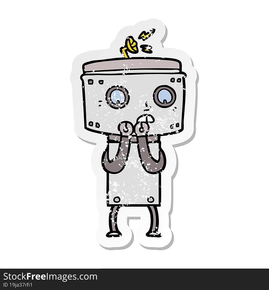 distressed sticker of a nervous cartoon robot