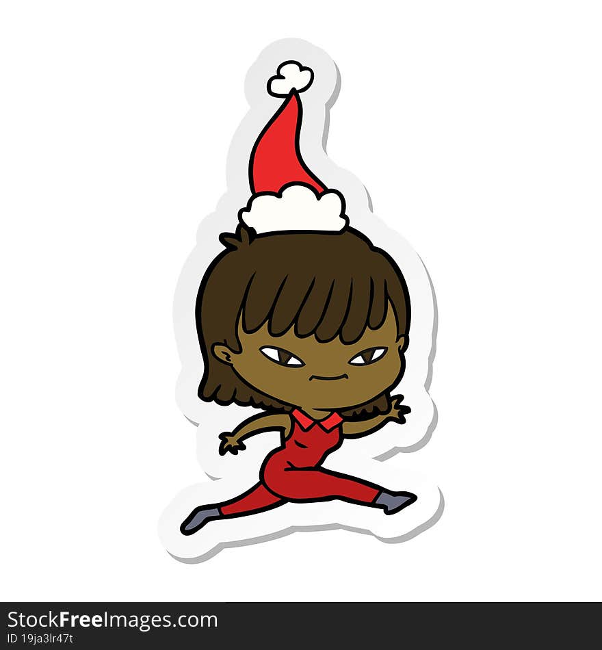 hand drawn sticker cartoon of a woman wearing santa hat