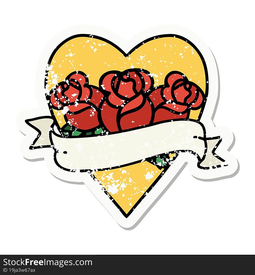 distressed sticker tattoo in traditional style of a heart and banner with flowers. distressed sticker tattoo in traditional style of a heart and banner with flowers