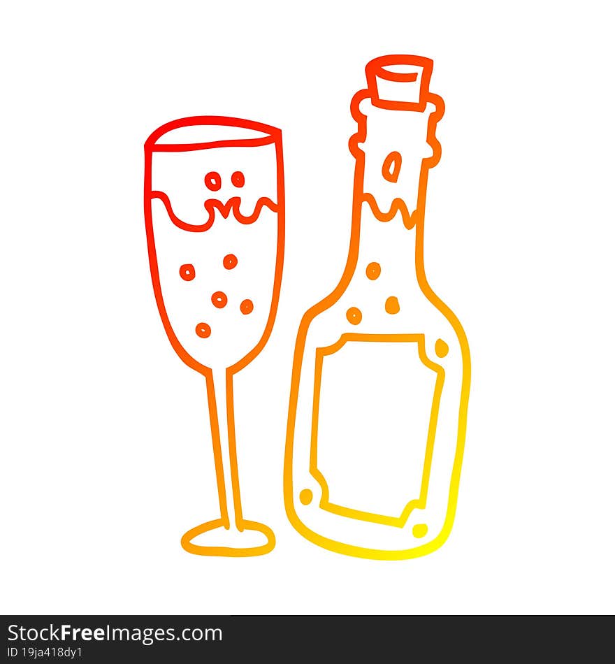 warm gradient line drawing cartoon champagne bottle and glass