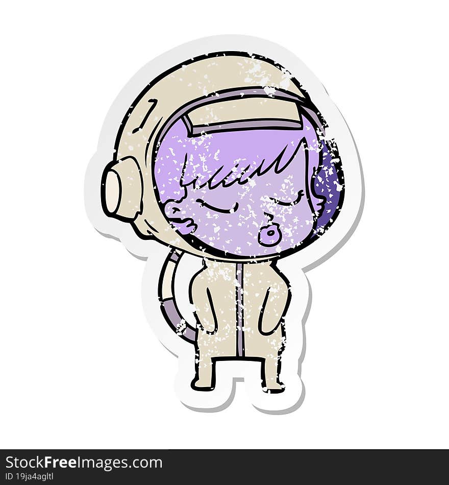 distressed sticker of a cartoon pretty astronaut girl