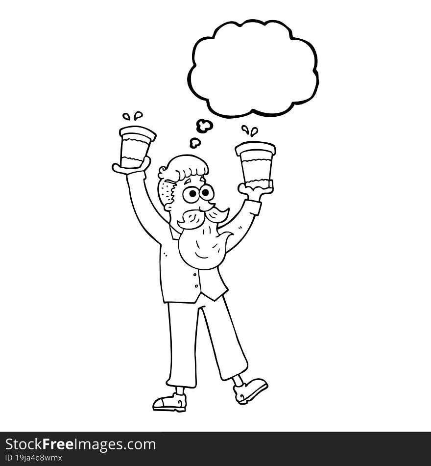 thought bubble cartoon man with coffee cups