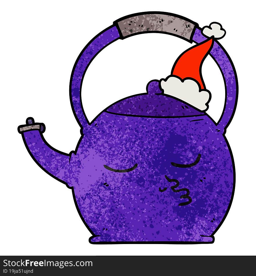 textured cartoon of a kettle wearing santa hat