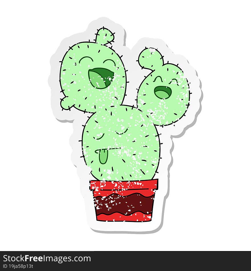 distressed sticker of a quirky hand drawn cartoon cactus