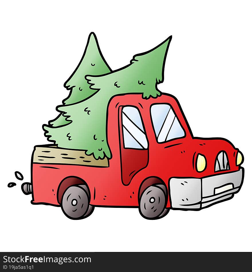 cartoon pickup truck carrying christmas trees. cartoon pickup truck carrying christmas trees