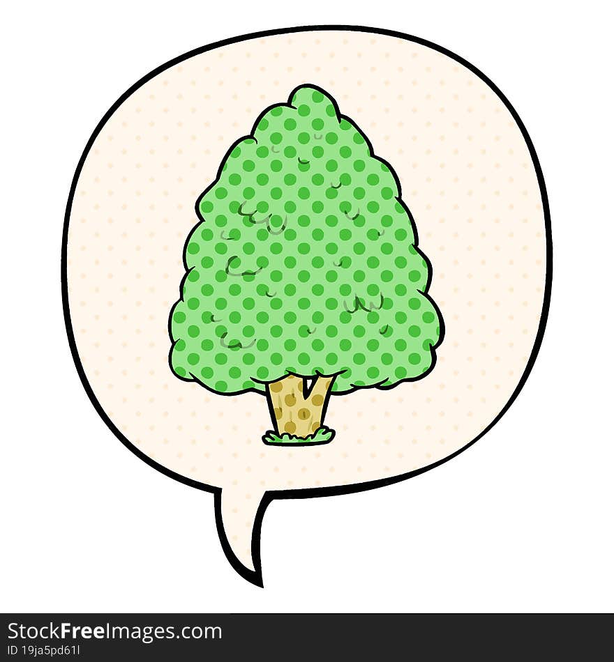 cartoon tall tree and speech bubble in comic book style