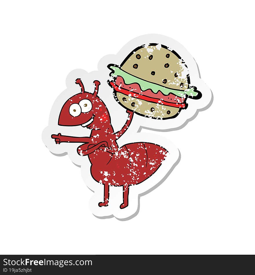 retro distressed sticker of a cartoon ant carrying food