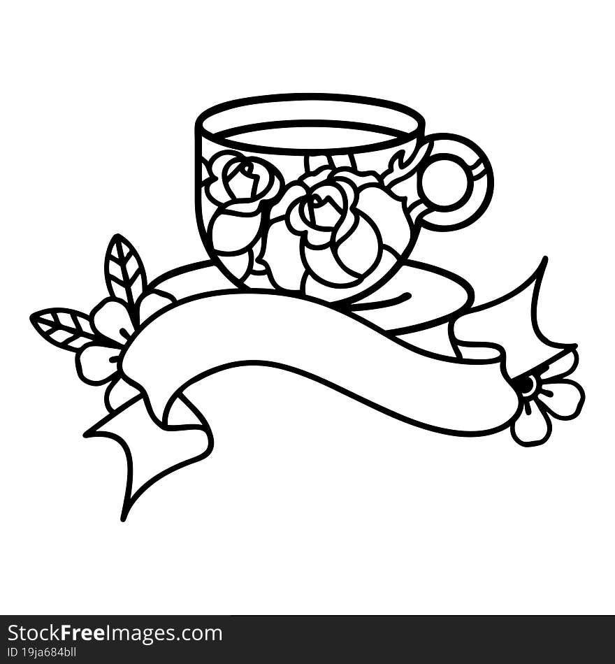 black linework tattoo with banner of a cup and flowers