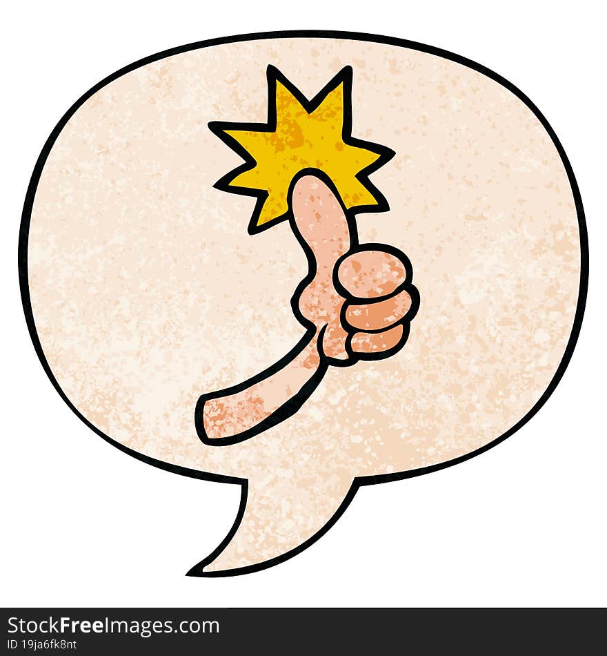 cartoon thumbs up sign and speech bubble in retro texture style