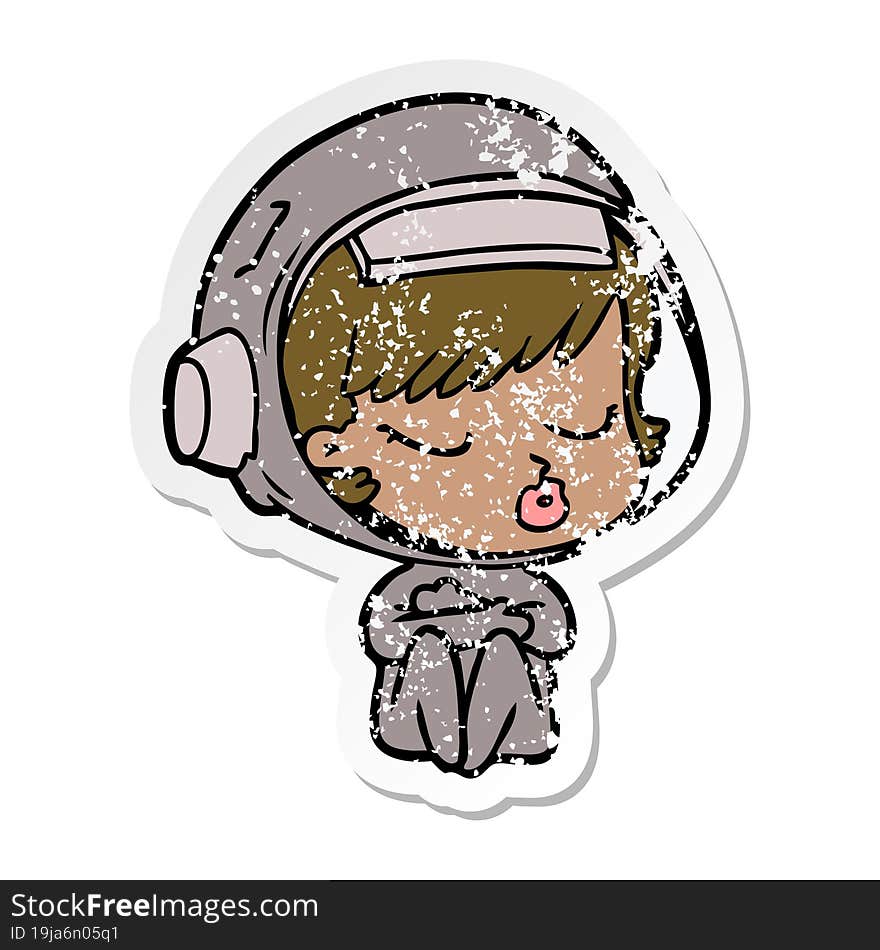 distressed sticker of a cartoon pretty astronaut girl