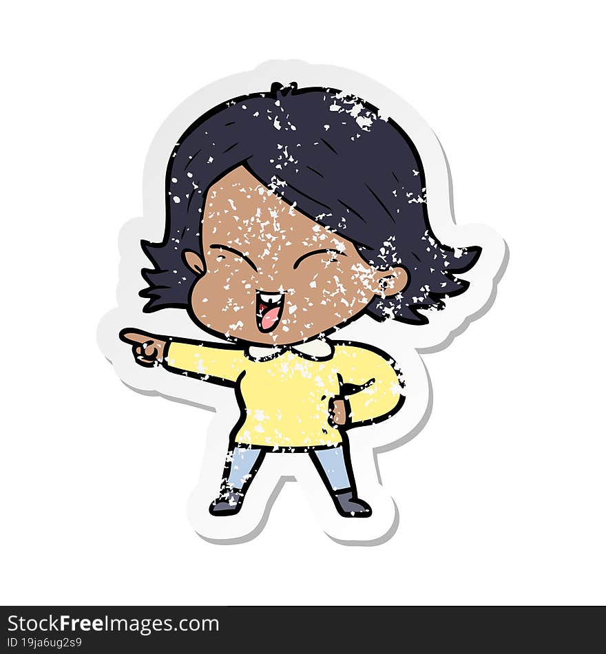 distressed sticker of a happy cartoon girl