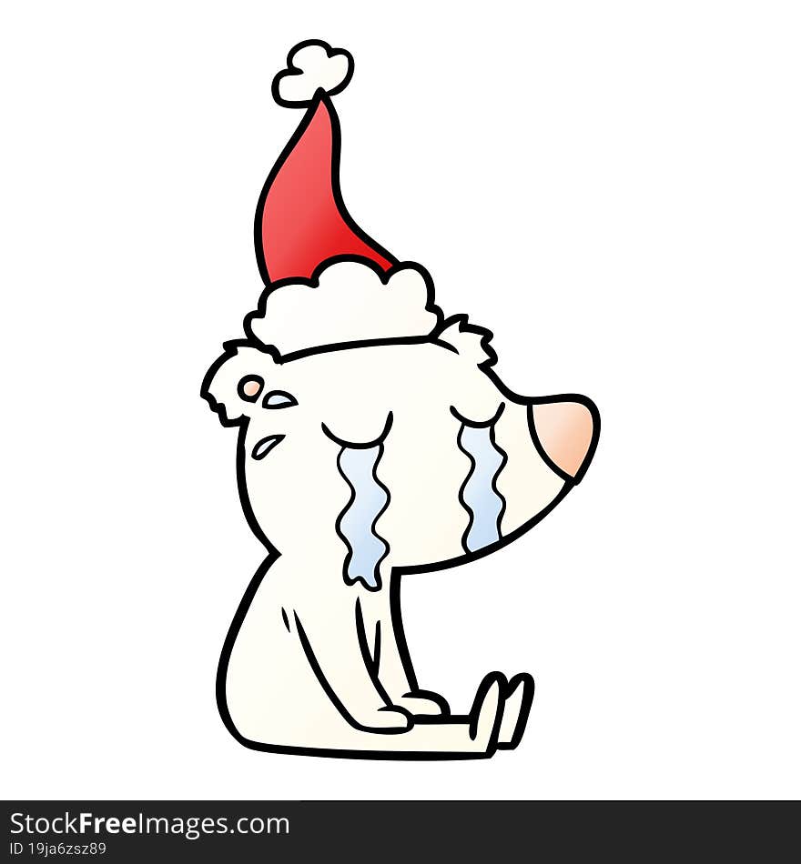 gradient cartoon of a crying sitting polar bear wearing santa hat