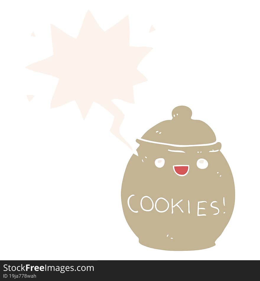 cute cartoon cookie jar with speech bubble in retro style