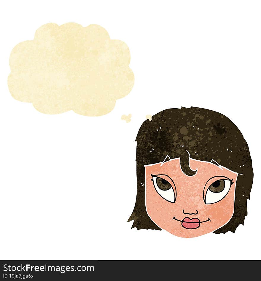 cartoon woman smiling with thought bubble