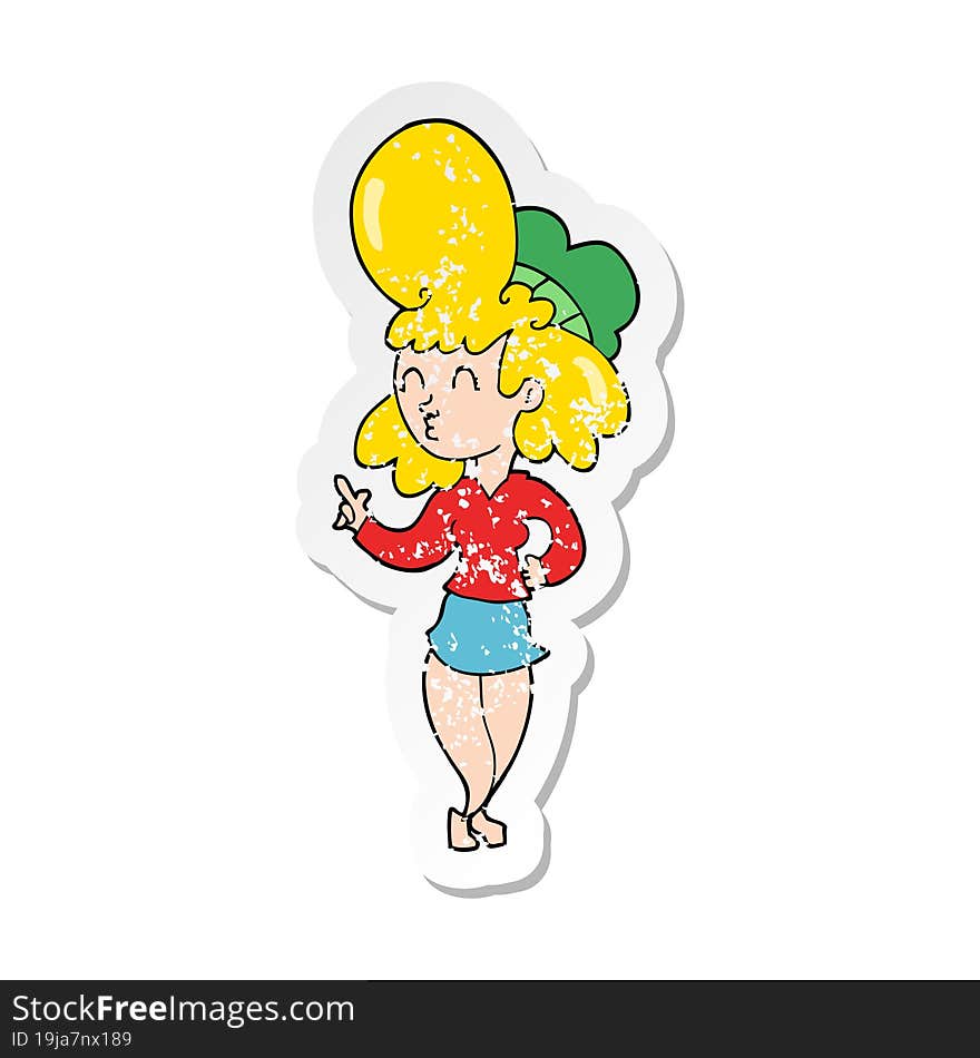 distressed sticker of a cartoon woman with big hair