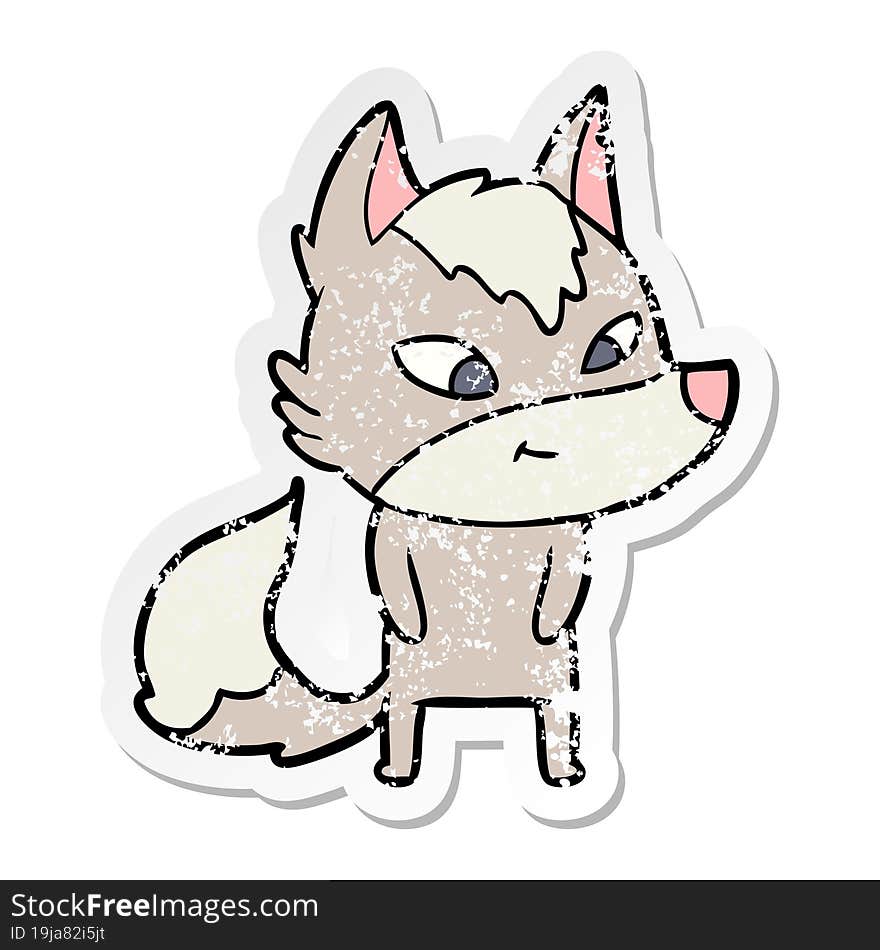 distressed sticker of a friendly cartoon wolf