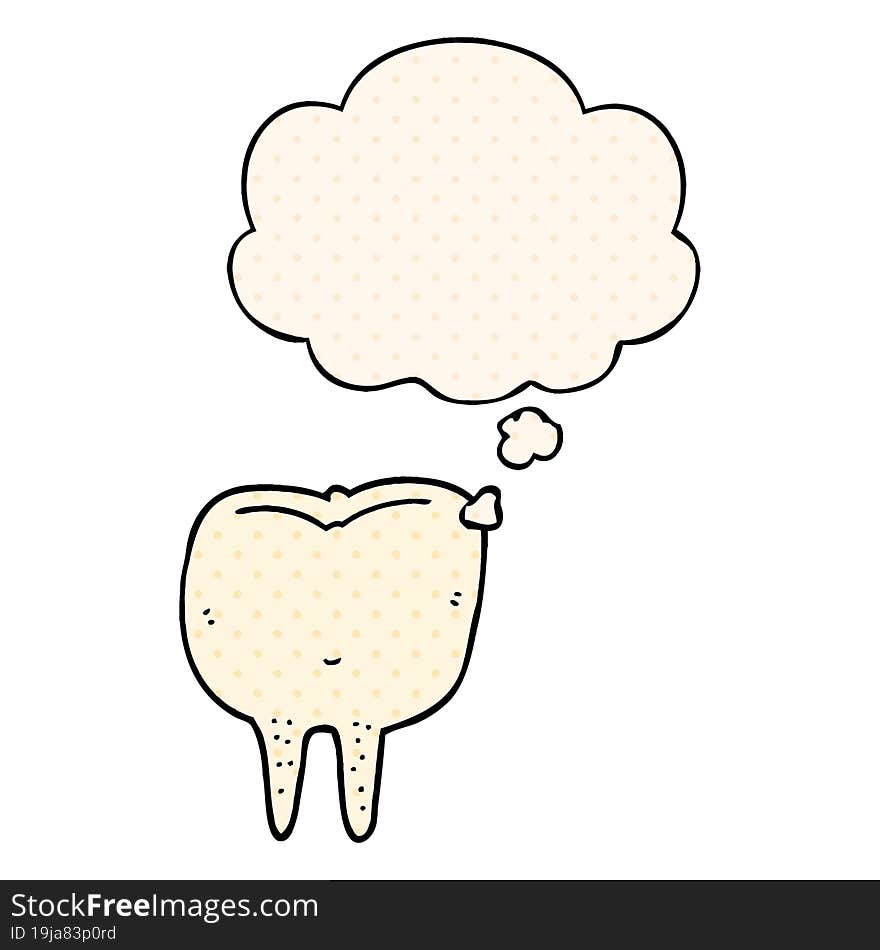 cartoon tooth with thought bubble in comic book style