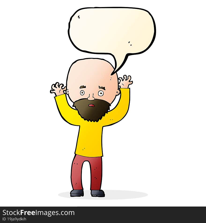 cartoon bearded man panicking with speech bubble