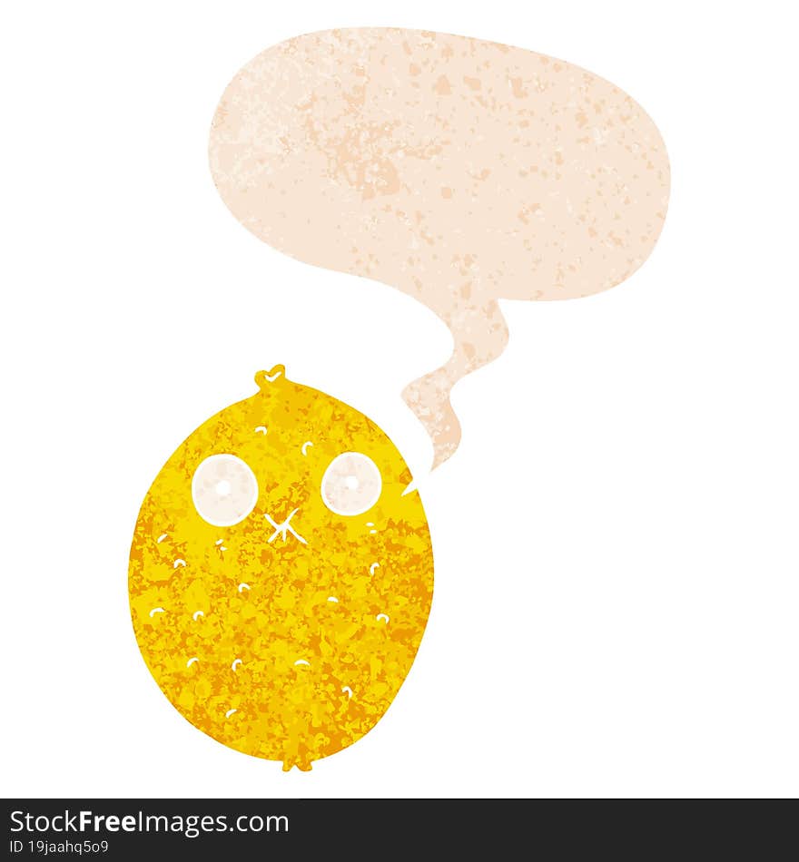 cartoon bitter lemon with speech bubble in grunge distressed retro textured style. cartoon bitter lemon with speech bubble in grunge distressed retro textured style