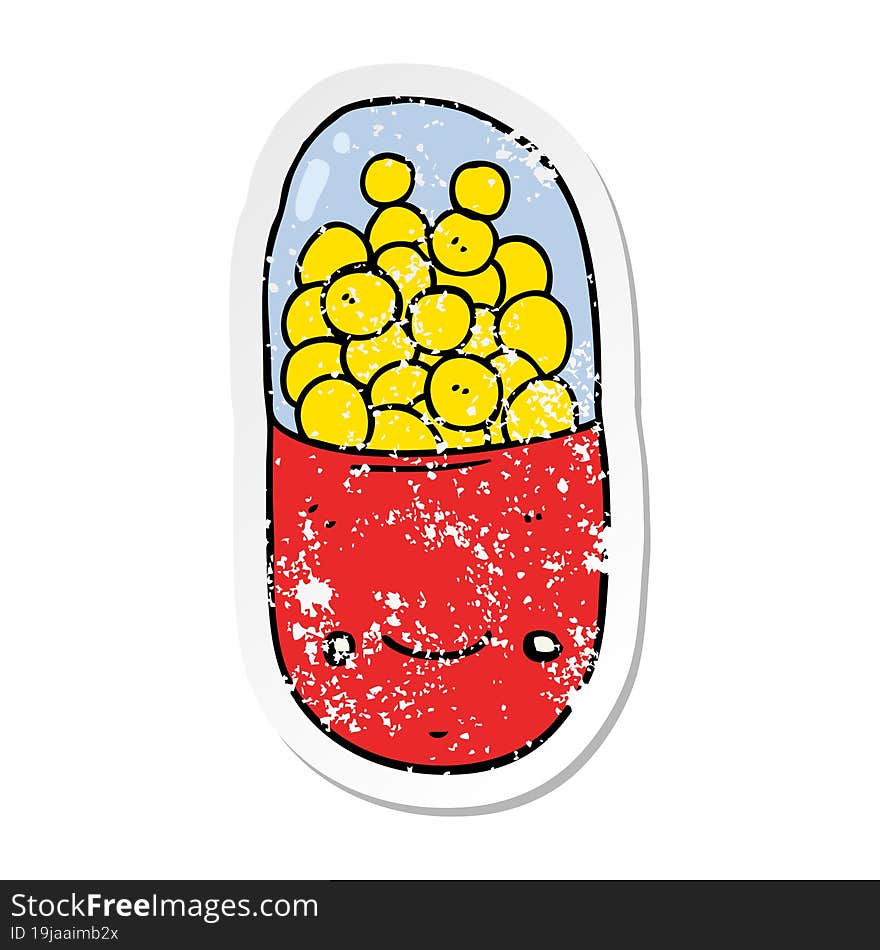 distressed sticker of a cartoon pill