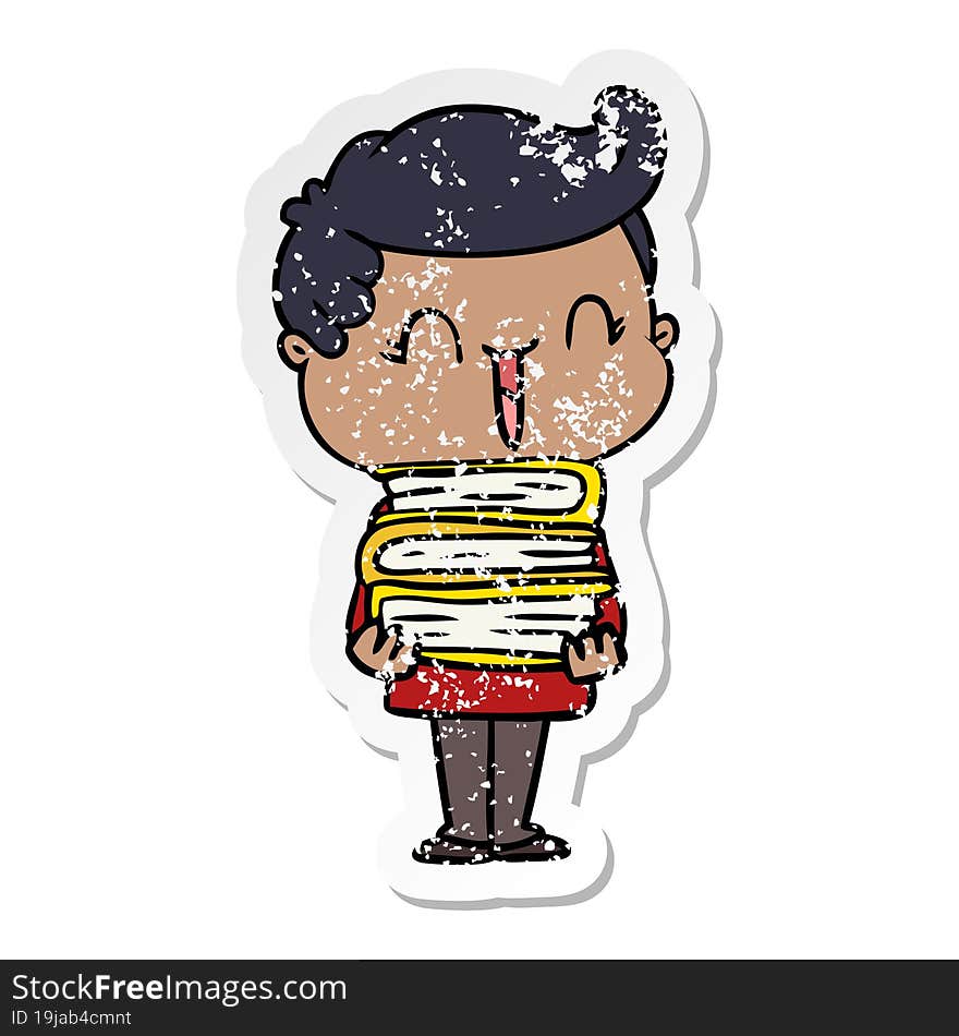 distressed sticker of a cartoon laughing boy carrying books