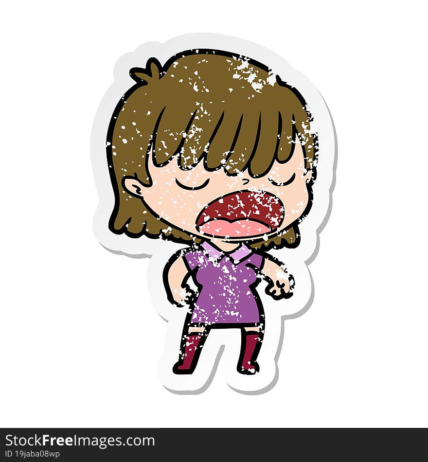 distressed sticker of a cartoon woman talking loudly