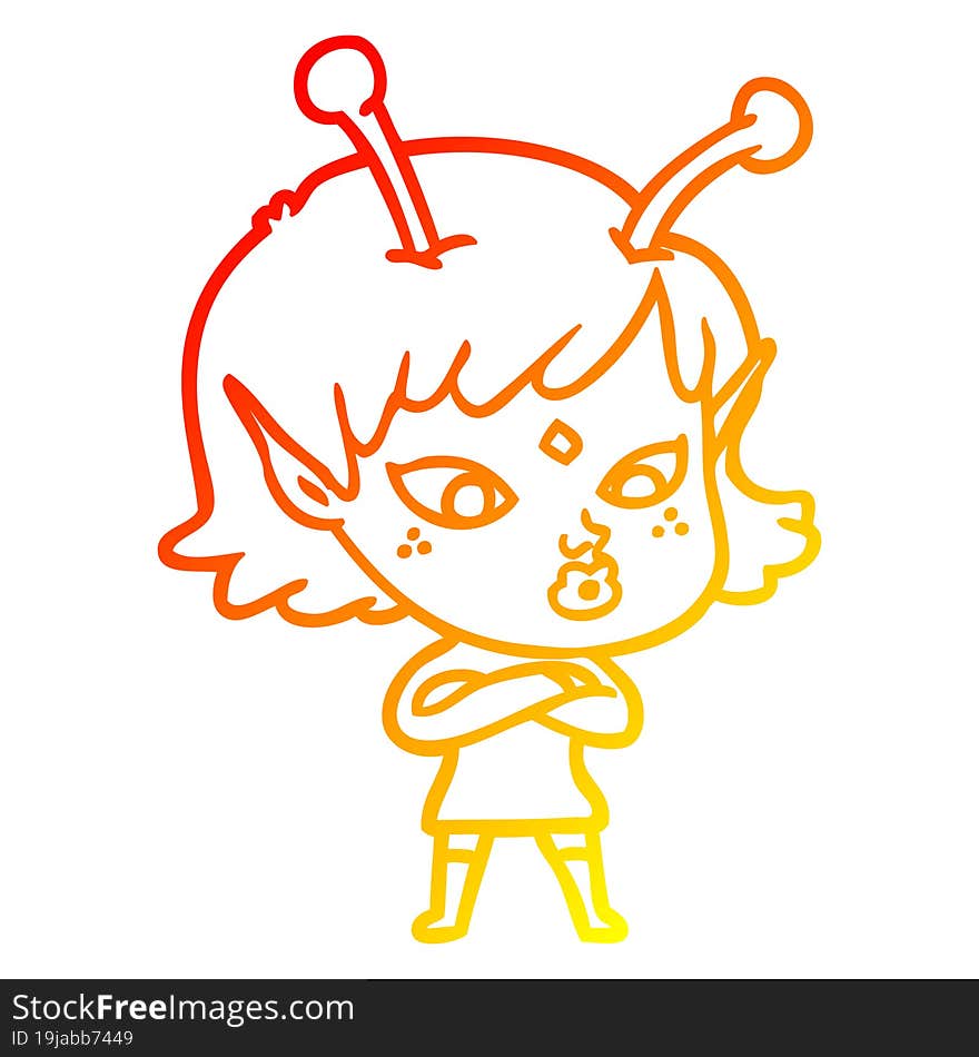 warm gradient line drawing pretty cartoon alien girl