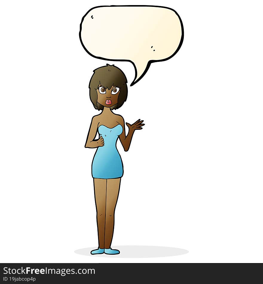 cartoon confused woman in cocktail dress with speech bubble