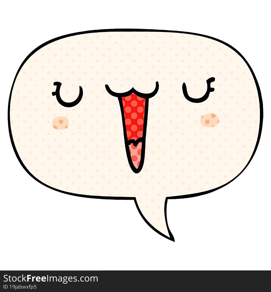 Cute Happy Cartoon Face And Speech Bubble In Comic Book Style