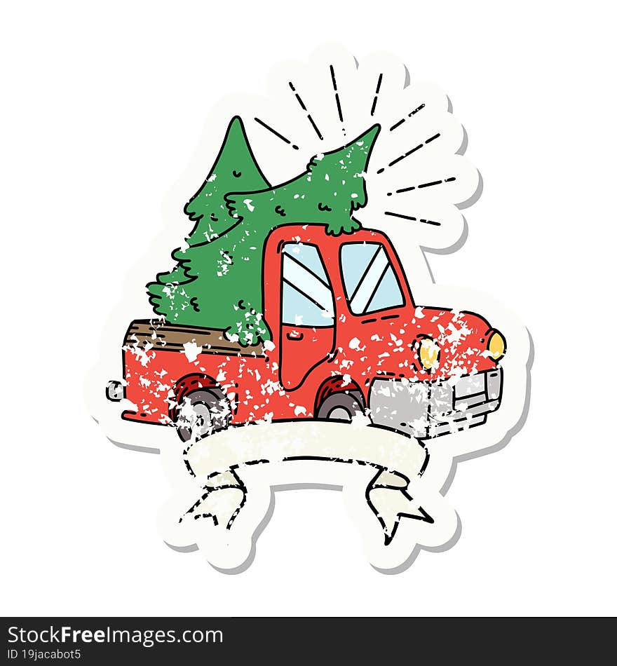 grunge sticker of tattoo style truck carrying trees