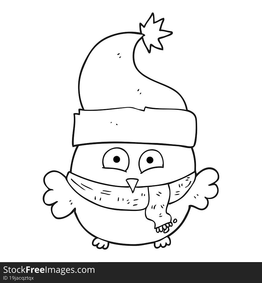 freehand drawn black and white cartoon owl wearing christmas hat