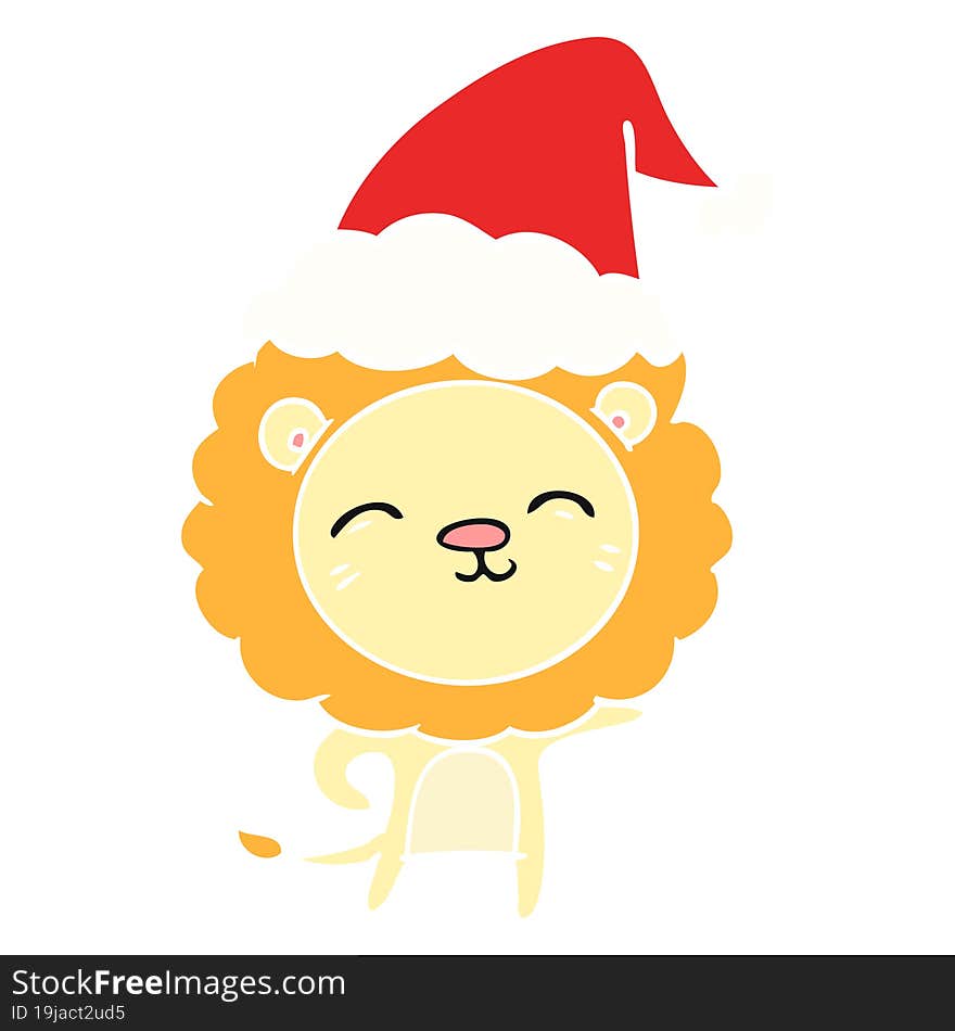 flat color illustration of a lion wearing santa hat