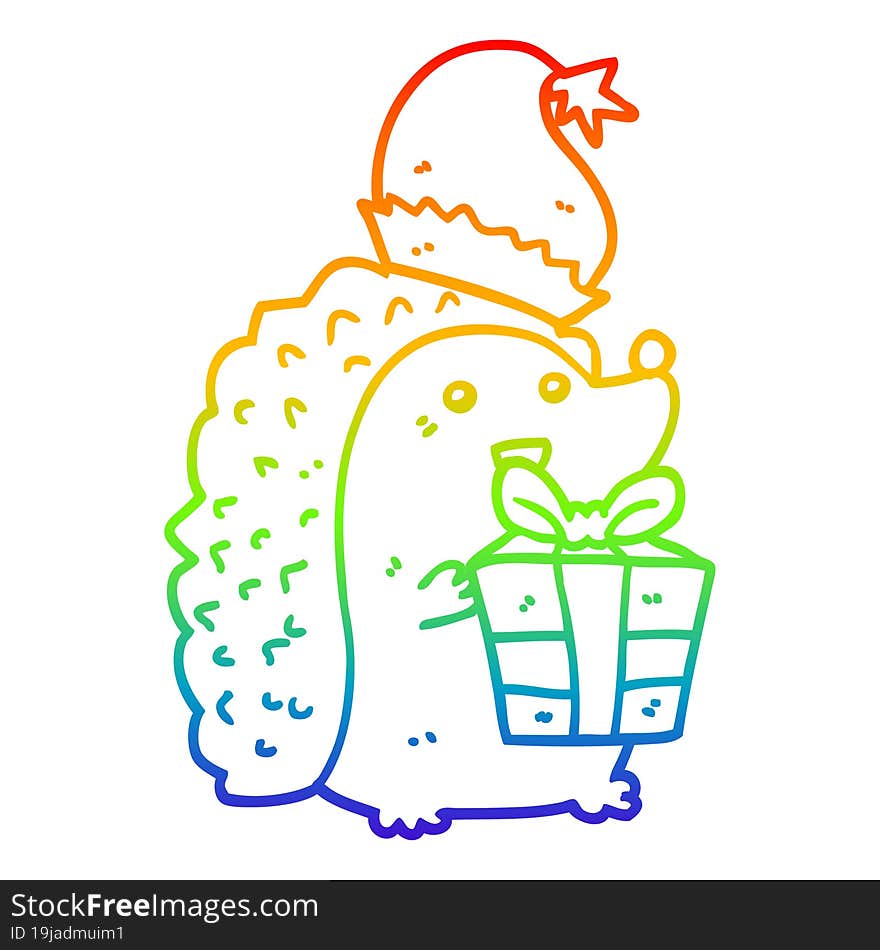 rainbow gradient line drawing cartoon hedgehog wearing christmas hat