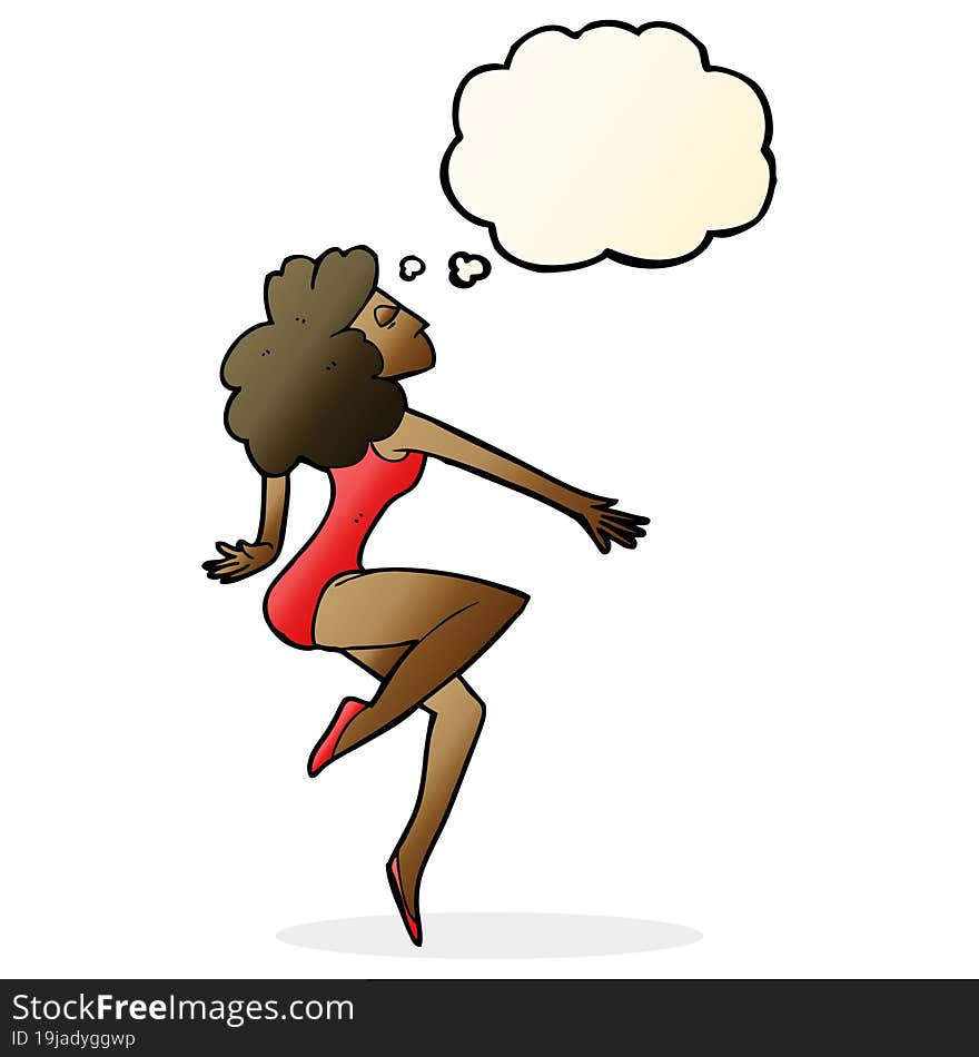 cartoon dancing woman with thought bubble