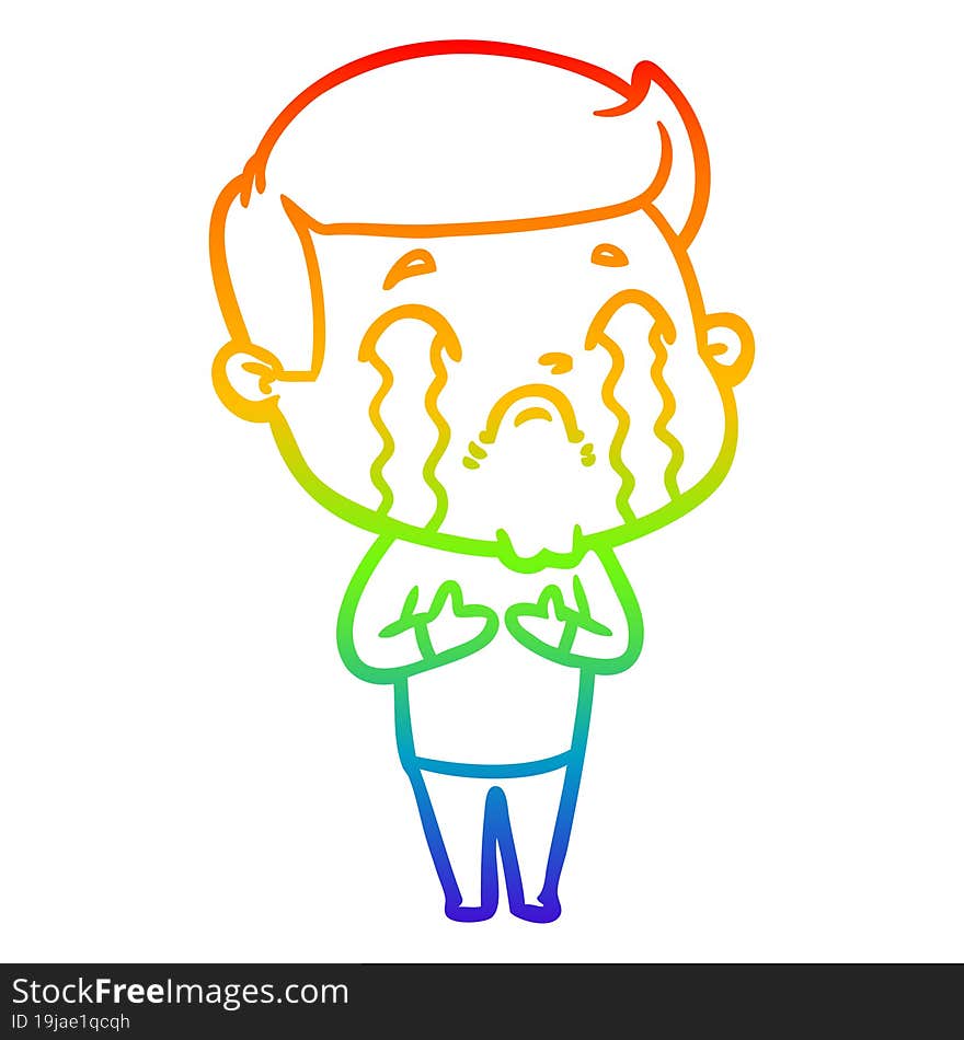 rainbow gradient line drawing of a cartoon man crying