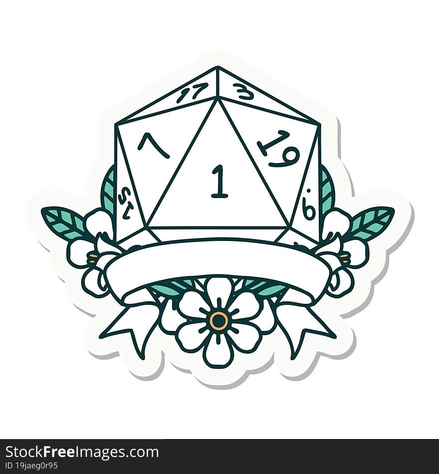 sticker of a natural one d20 dice roll. sticker of a natural one d20 dice roll