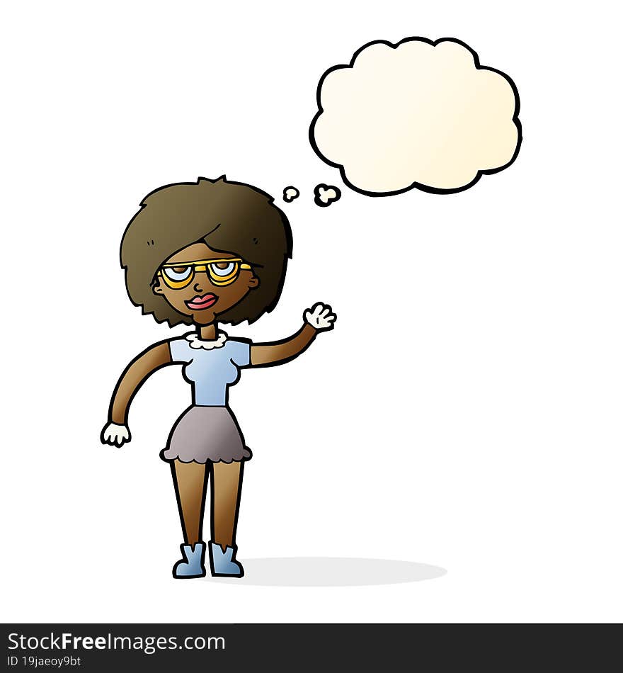 cartoon waving woman wearing spectacles with thought bubble