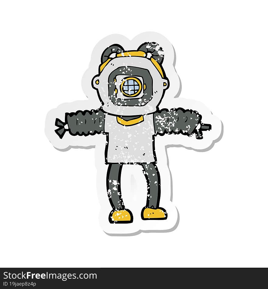 Retro Distressed Sticker Of A Cartoon Deep Sea Diver