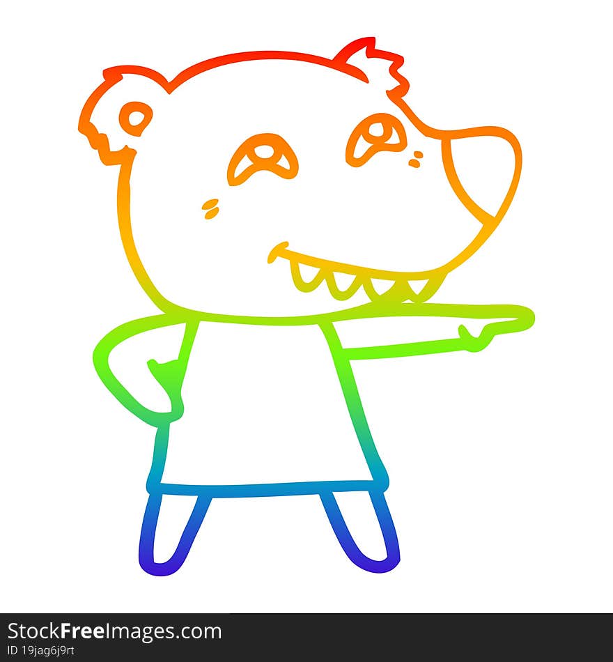 rainbow gradient line drawing cartoon pointing bear girl showing teeth